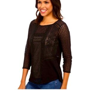 Lucky Brand Black Lace Embroidered Sheer Top with 3/4 Sleeve Size Small